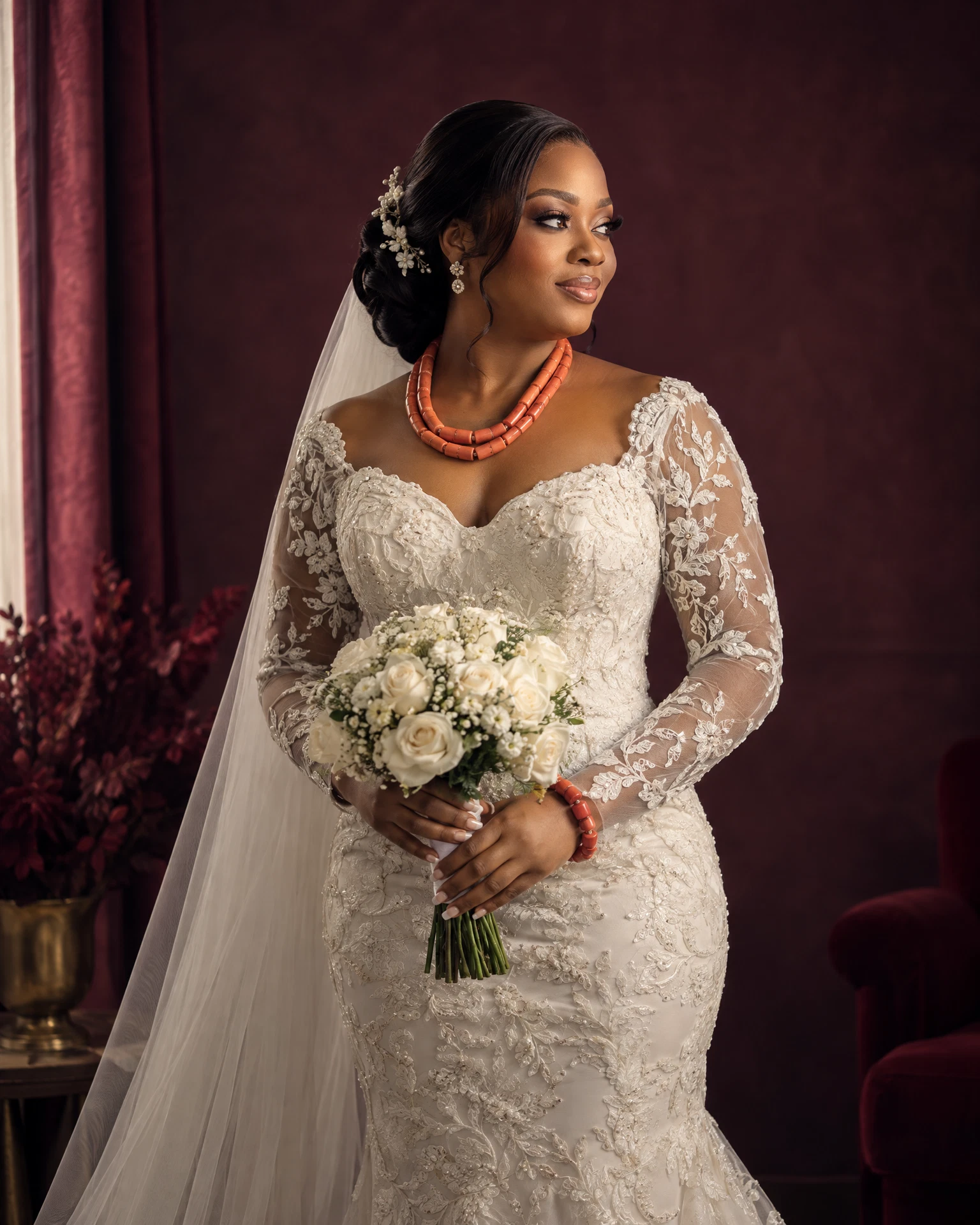Generated studio concept: an adult Nigerian bride in an ivory gown